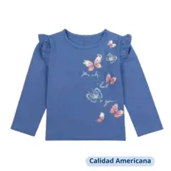 TEDMIMAK - Polera Manga Larga Niña Mariposas Azul 100% Algodón