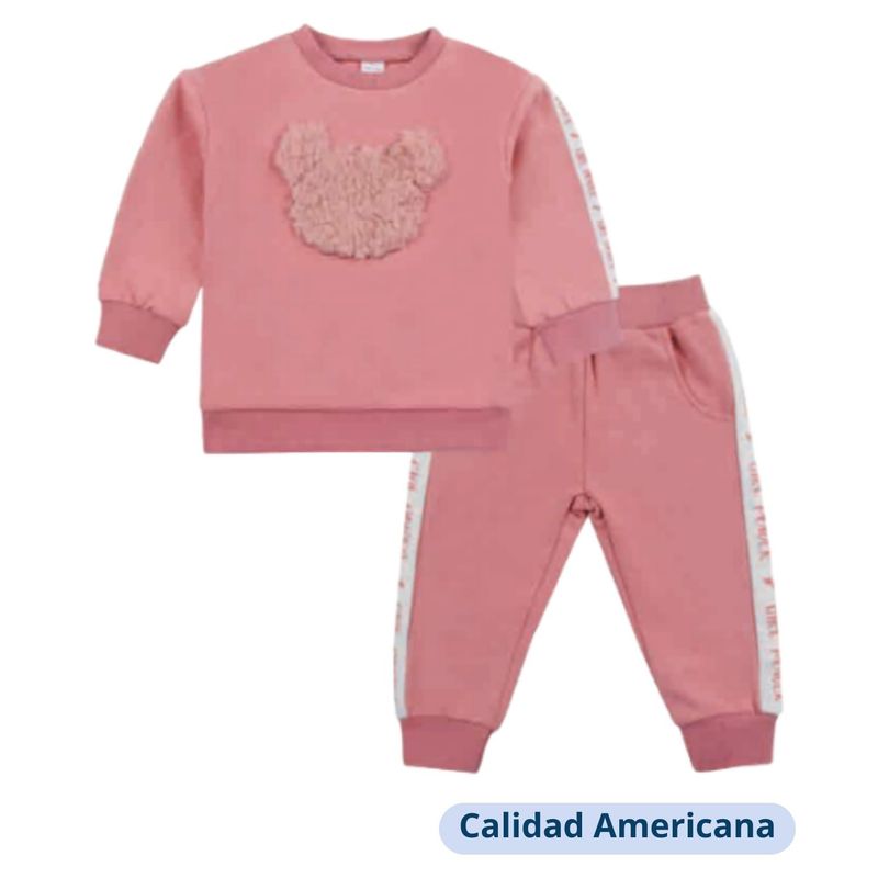 TEDMIMAK - Set 2 Piezas Polerón Pantalón Niña Oso Rosa Tedmimak 100% Algodón