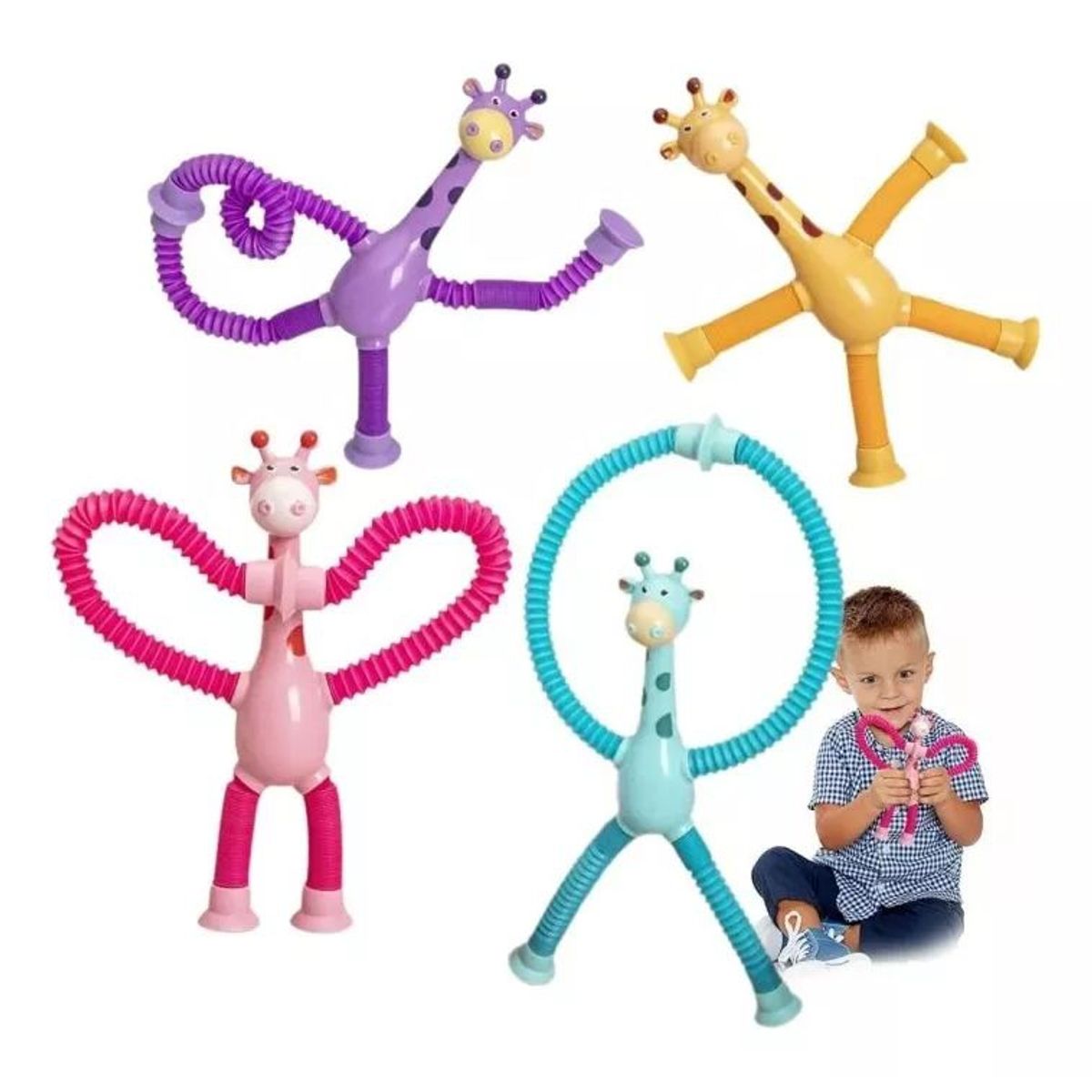 KUANGYE - Set 4 Jirafas/ Tubo Extensible Y Ventosa/ Juguete Sensorial
