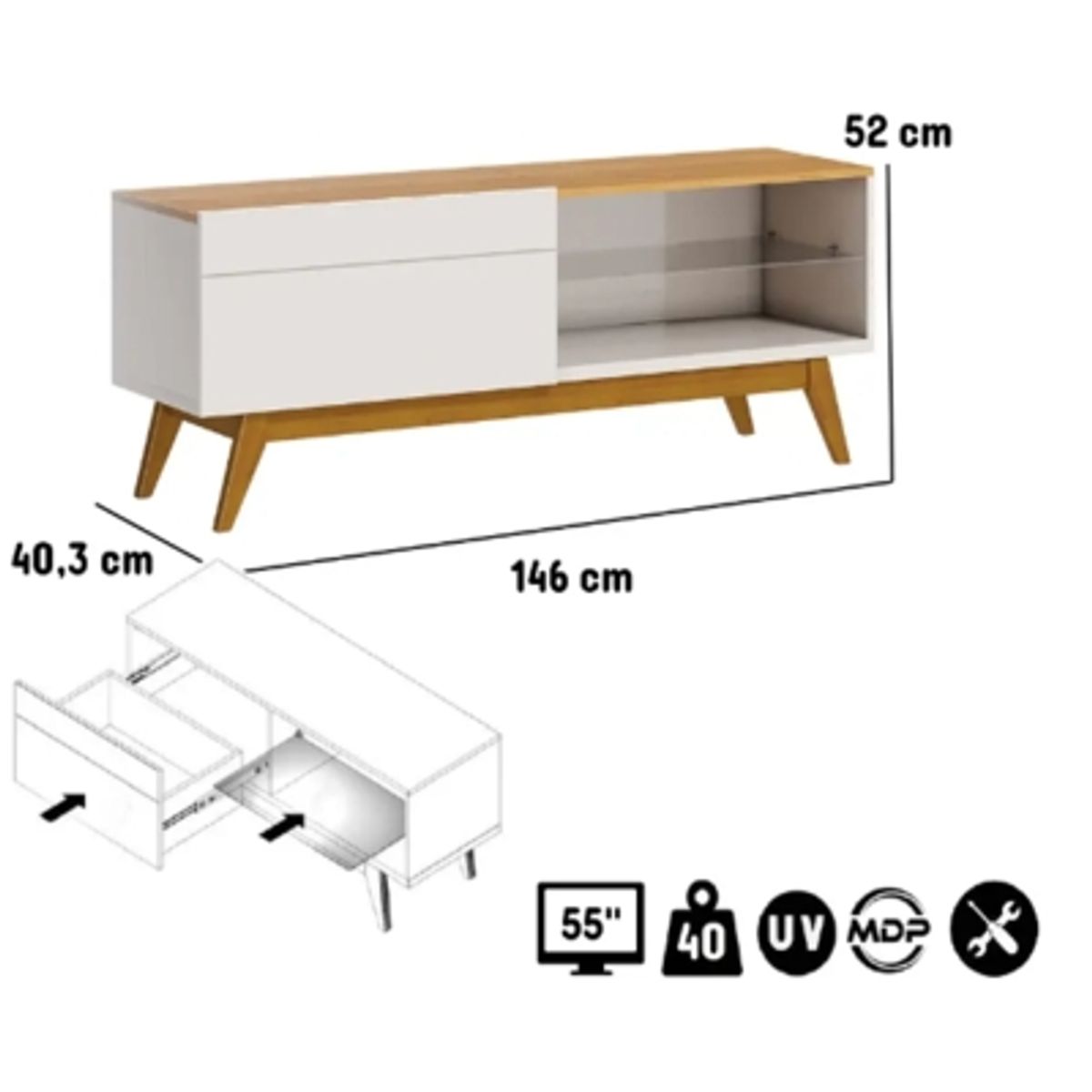 BE DESIGN - Rack Tv 55´ Stand Classic 1.4 Cajon Blanco Caramelo