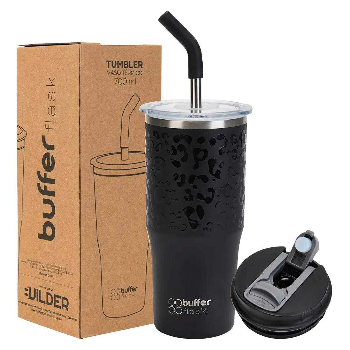 BUFFER FLASK - Mug Vaso Termo Agua Cafe 700ml AceroInox +Tapas - Negro