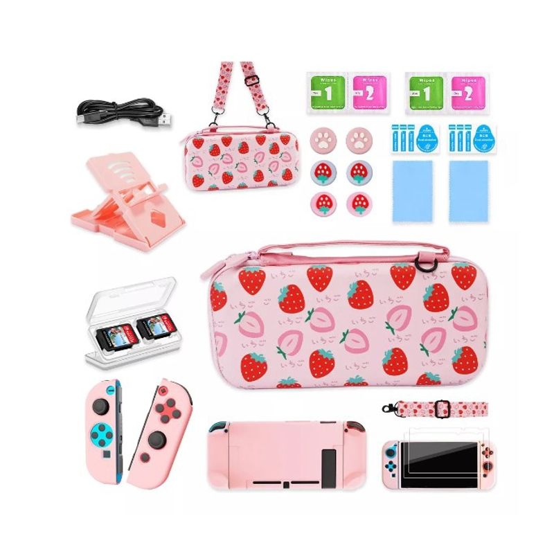 GENERICO - Estuche Protector Nintendo Switch Normal Fresa Rosa 22 En 1