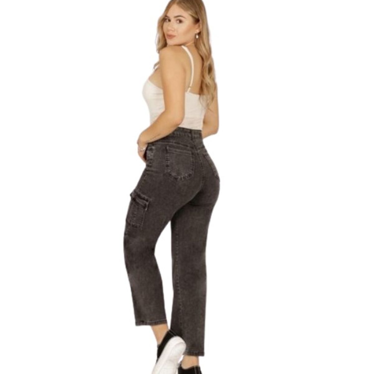 GENERICO - Jeans Mujer Cargo Gris Tiro Alto Tendencia Jaja&Jeje