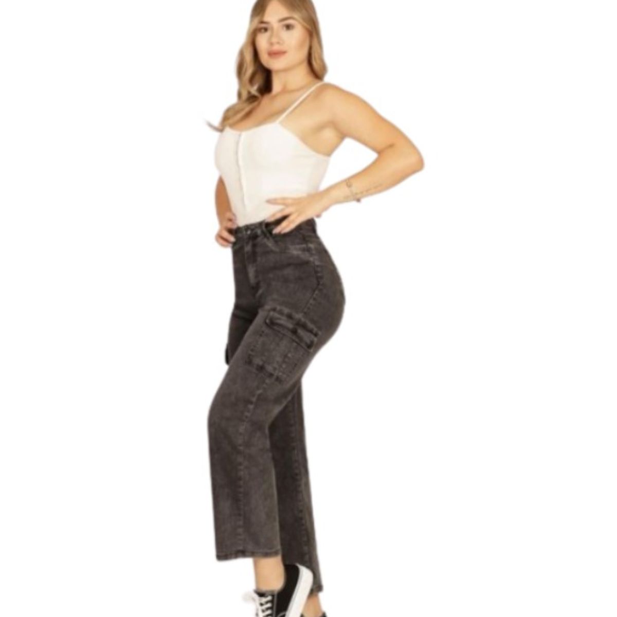 GENERICO - Jeans Mujer Cargo Gris Tiro Alto Tendencia Jaja&Jeje