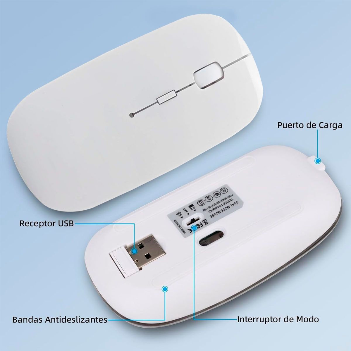 JOIGO - Mouse Inalambrico Recargable Bluetooth Receptor USB Blanco