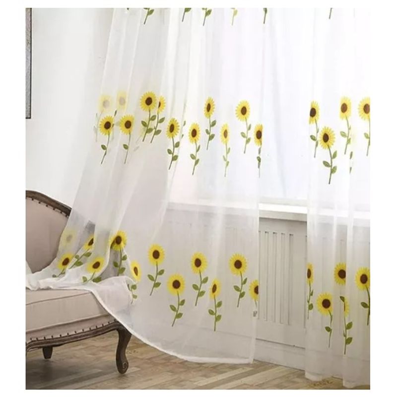 COMPRAPO - Set X 2 Visillos Blancos Bordados Girasoles Amarillos 140x230 Cm