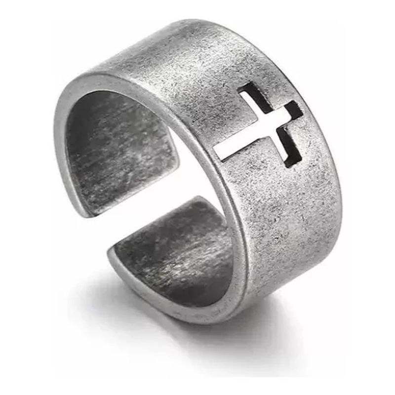 GENERICO - Anillo De Cruz Hombre Acero Inoxidable Plateado Ajustable