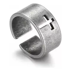 GENERICO - Anillo De Cruz Hombre Acero Inoxidable Plateado Ajustable