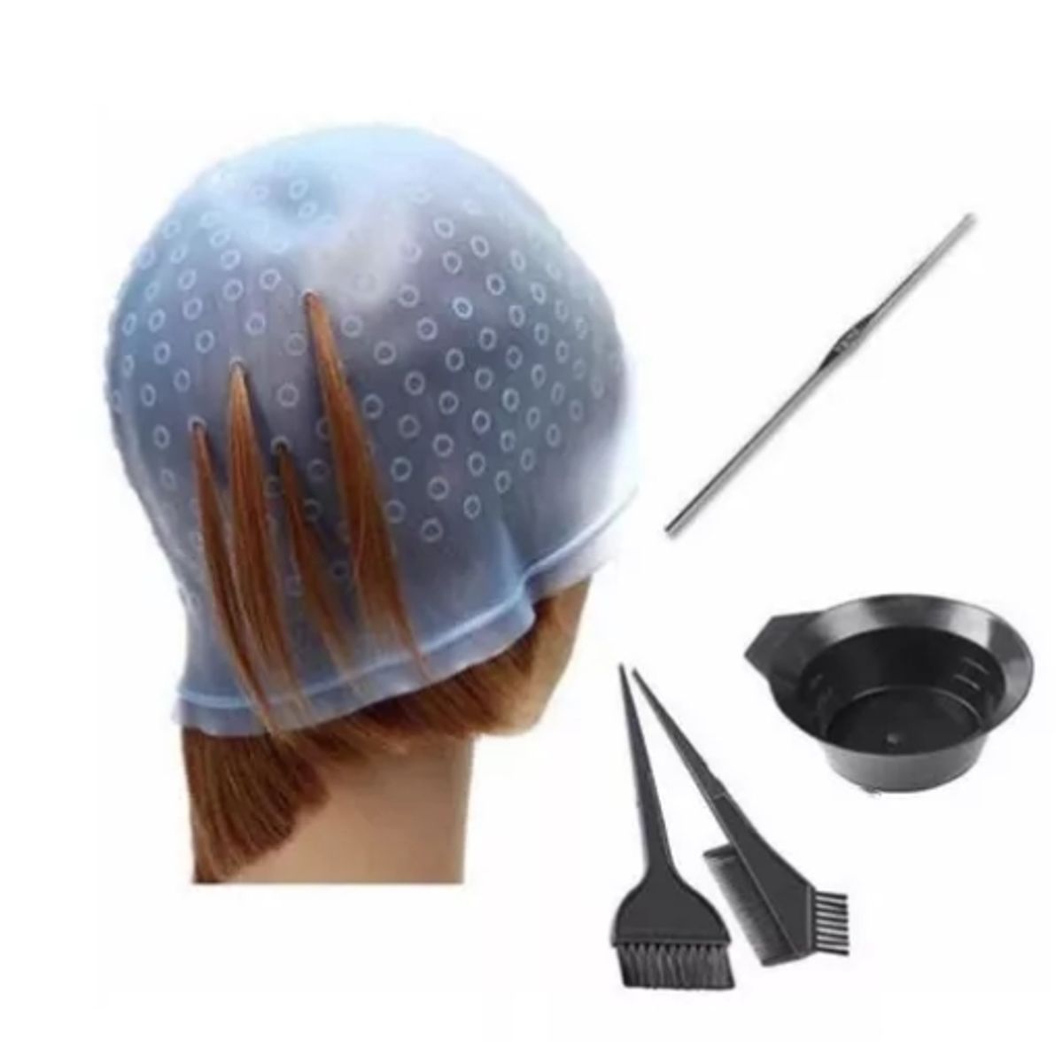 GENERICO - Kit Tintura Pocillo + 3 Brochas + Gorro Visos Goma + Crochet