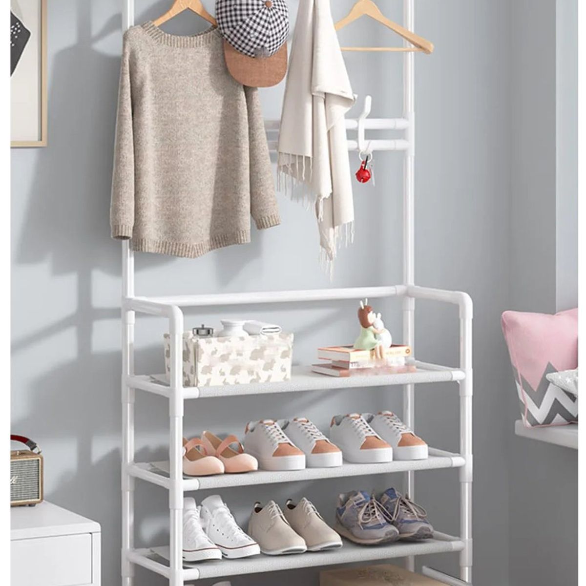 GENERICO - Organizador Rack Zapatero Colgador Perchero Ropa 4 Niveles Blanco.