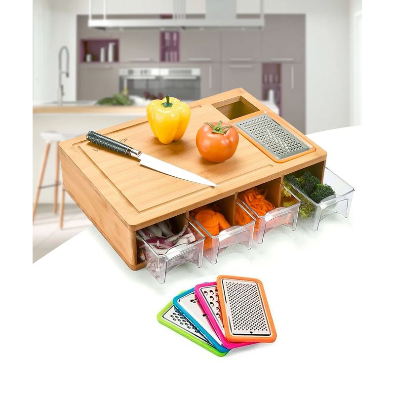 GENERICO - Tabla Para Cortar De Cocina Bambú Con Contenedores Y Rallos