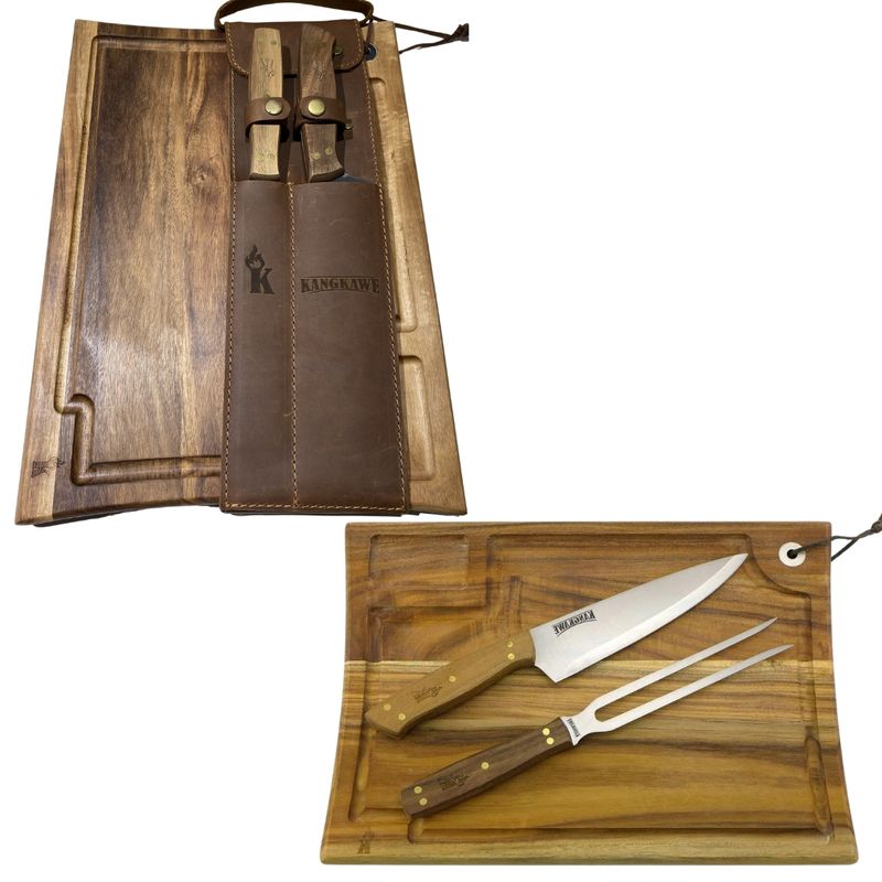 KANGKAWE - Set Parrillero Tabla + Cuchillo C Funda Cuero Café Kangkawe