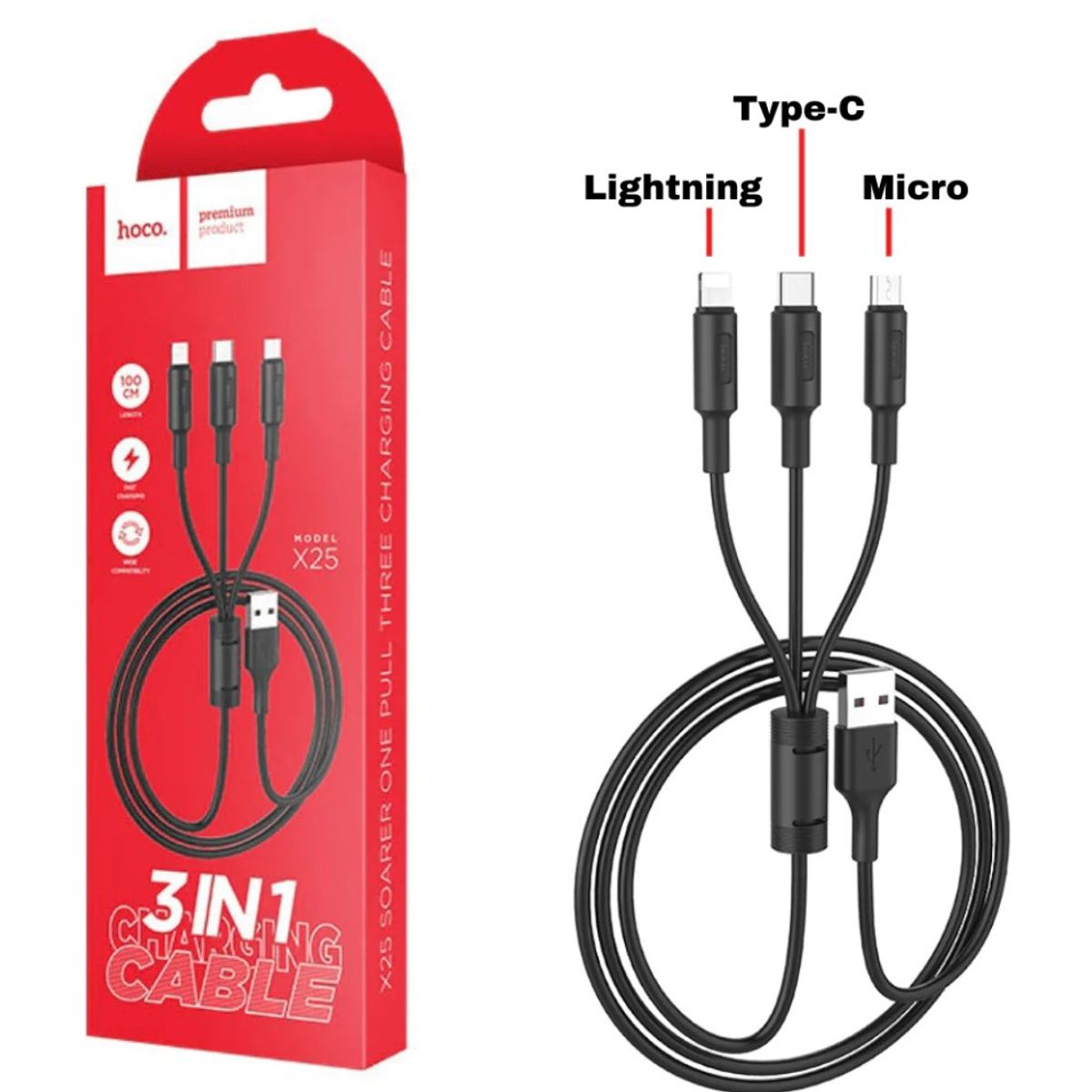 HOCO - Cable USB Hoco X25 Soarer 3 en 1 para Lightning, Micro USB, tipo C