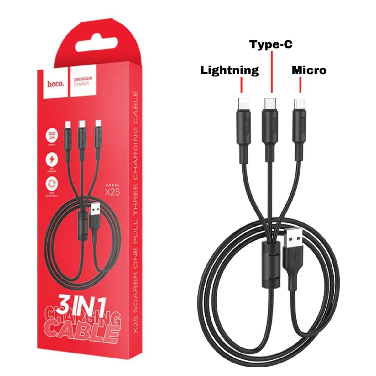 HOCO - Cable USB Hoco X25 Soarer 3 en 1 para Lightning, Micro USB, tipo C