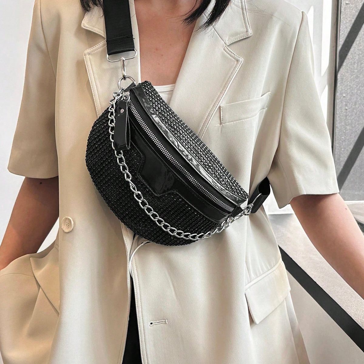 VATYERTY - Riñonera negro tachuela & con diseño de cadena para diariamente