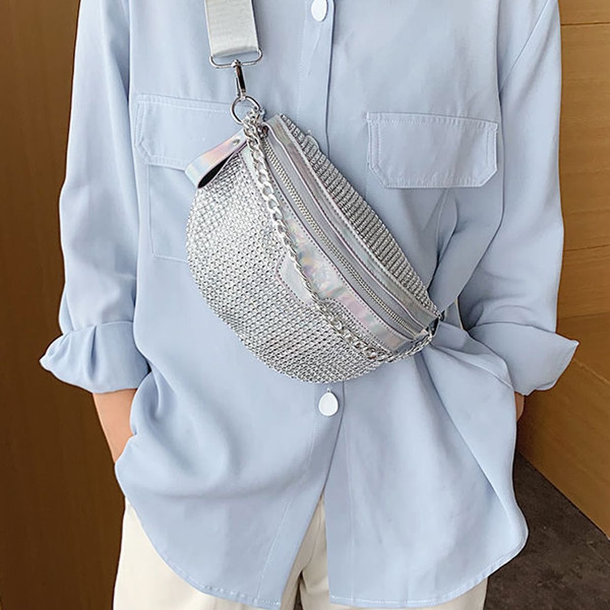 VATYERTY - Riñonera negro tachuela & con diseño de cadena para diariamente