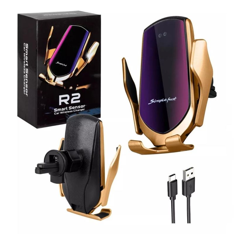GENERICO - Porta Celular Auto Cargador Inteligente Smartphone R2 DORADO