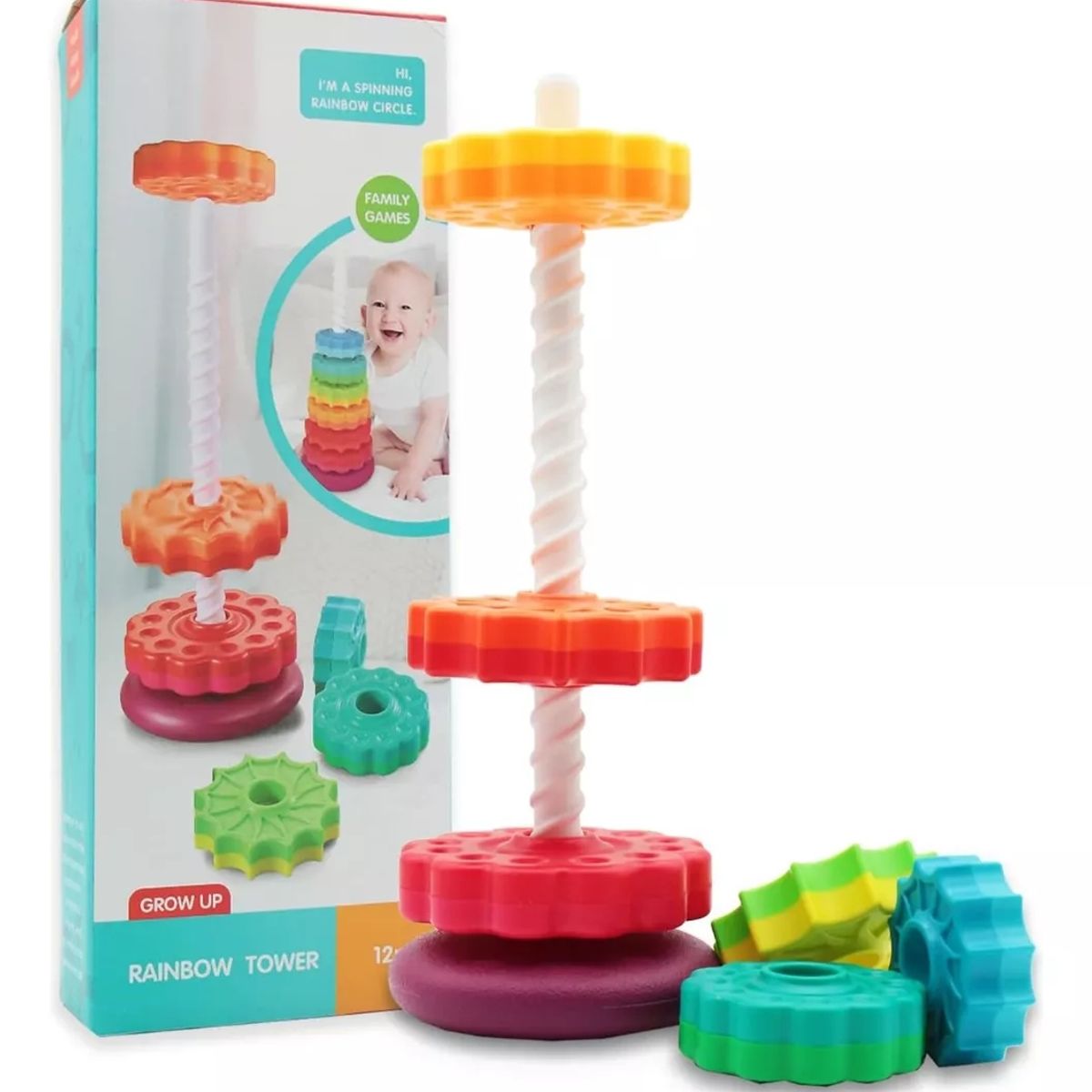 KUANGYE - Spin Again Torre Giratoria Encaje Rainbow Juguete Apilable