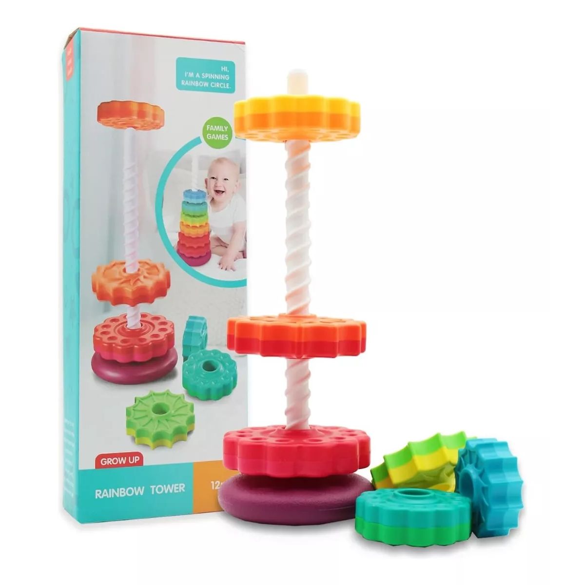 KUANGYE - Spin Again Torre Giratoria Encaje Rainbow Juguete Apilable