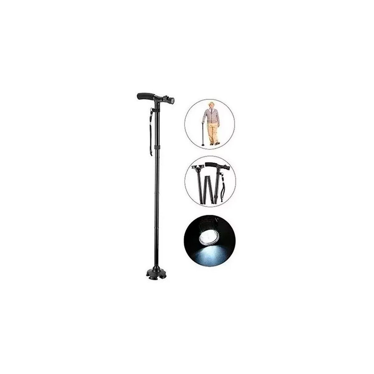 GENERICO - Baston Plegable C/ Luz Led Bastones Ortopedicos Base 4 Apoyo