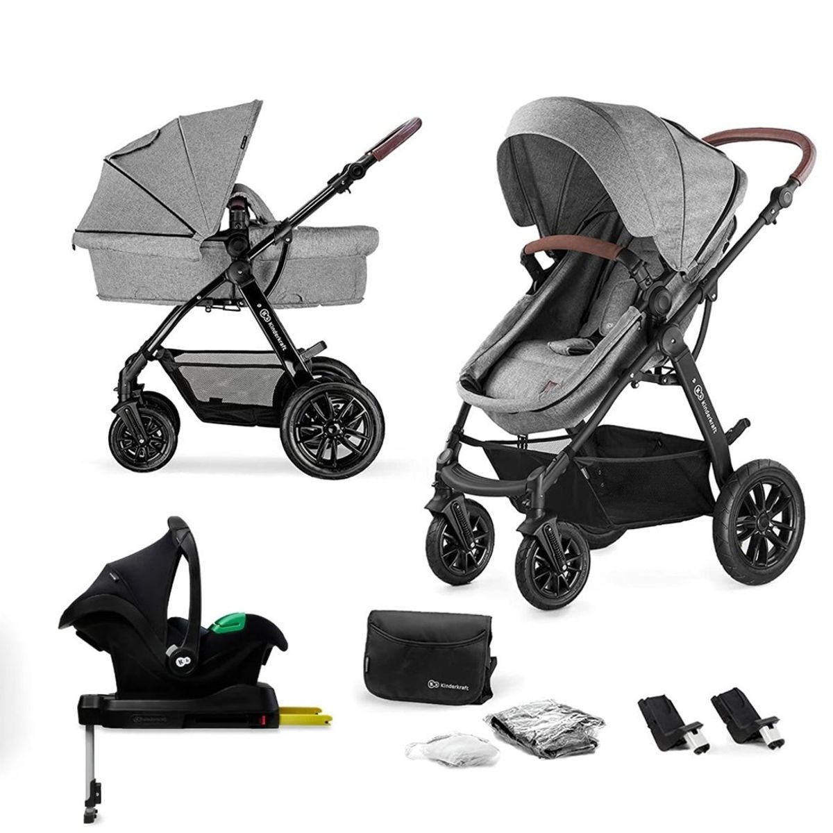KINDERKRAFT - Coche Travel System Moov 3en1 Gris + Base Isofix KINDERKRAFT
