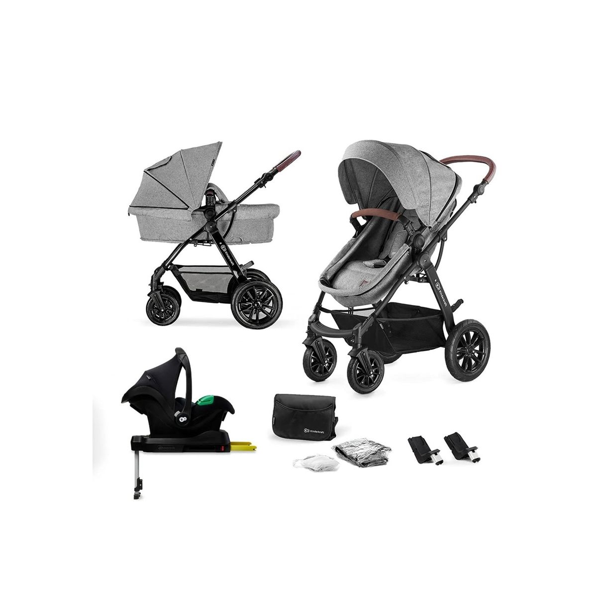 KINDERKRAFT - Coche Travel System Moov 3en1 Gris + Base Isofix KINDERKRAFT