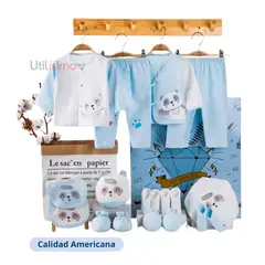 JUMP KIDS - Set 18 Piezas Ajuar Niño Oso Panda Azul Claro 100% Algodón