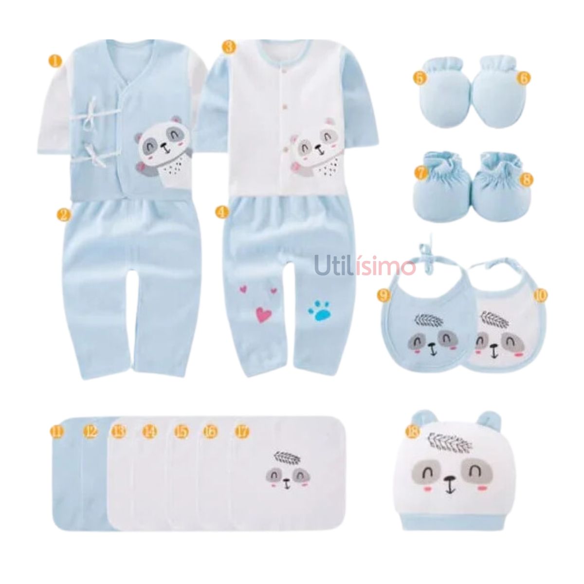 JUMP KIDS - Set 18 Piezas Ajuar Niño Oso Panda Azul Claro Jump Kids 100% Algodón