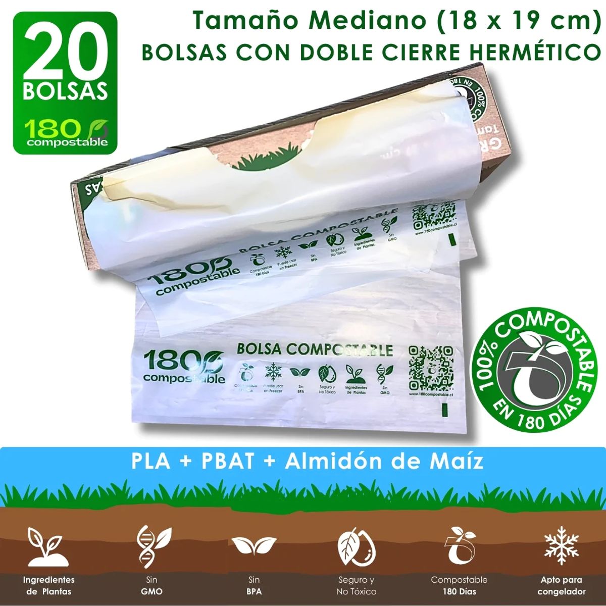 180 COMPOSTABLE - 20 Bolsas Herméticas Doble Cierre para Alimentos (Sandwich, 18x19cm)