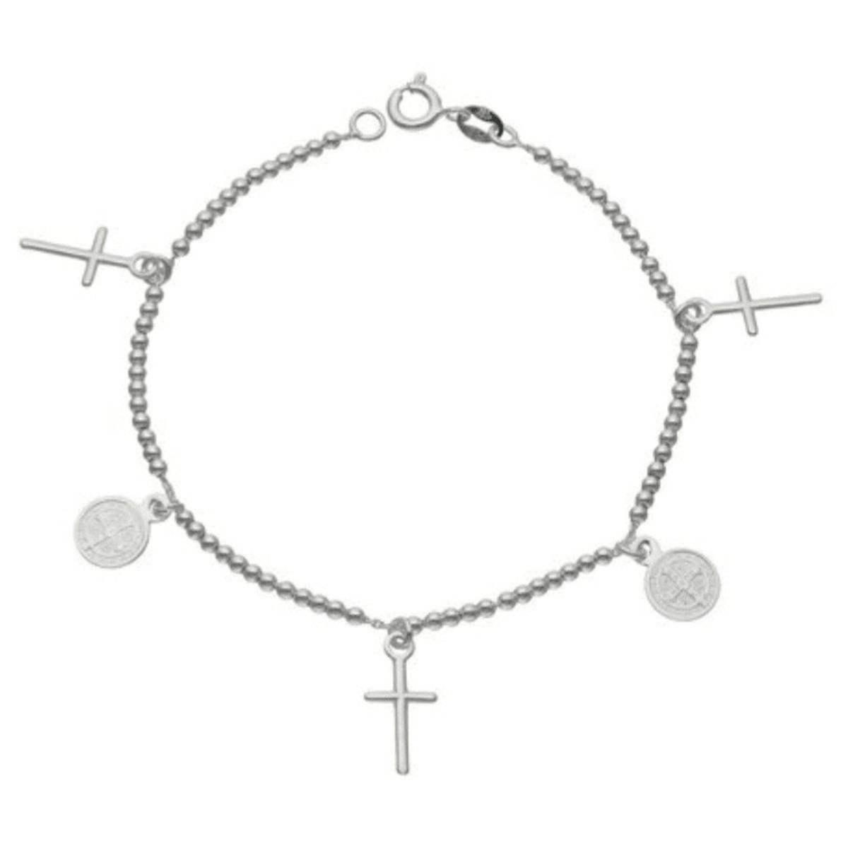 GENERICO - Pulsera con  Medallas San Benito y Cruces  en plata 925