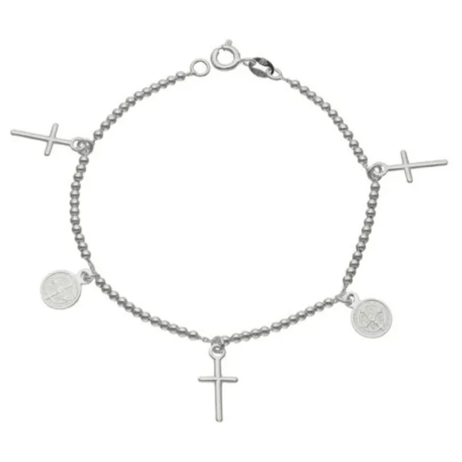 GENERICO - Pulsera con  Medallas San Benito y Cruces  en plata 925