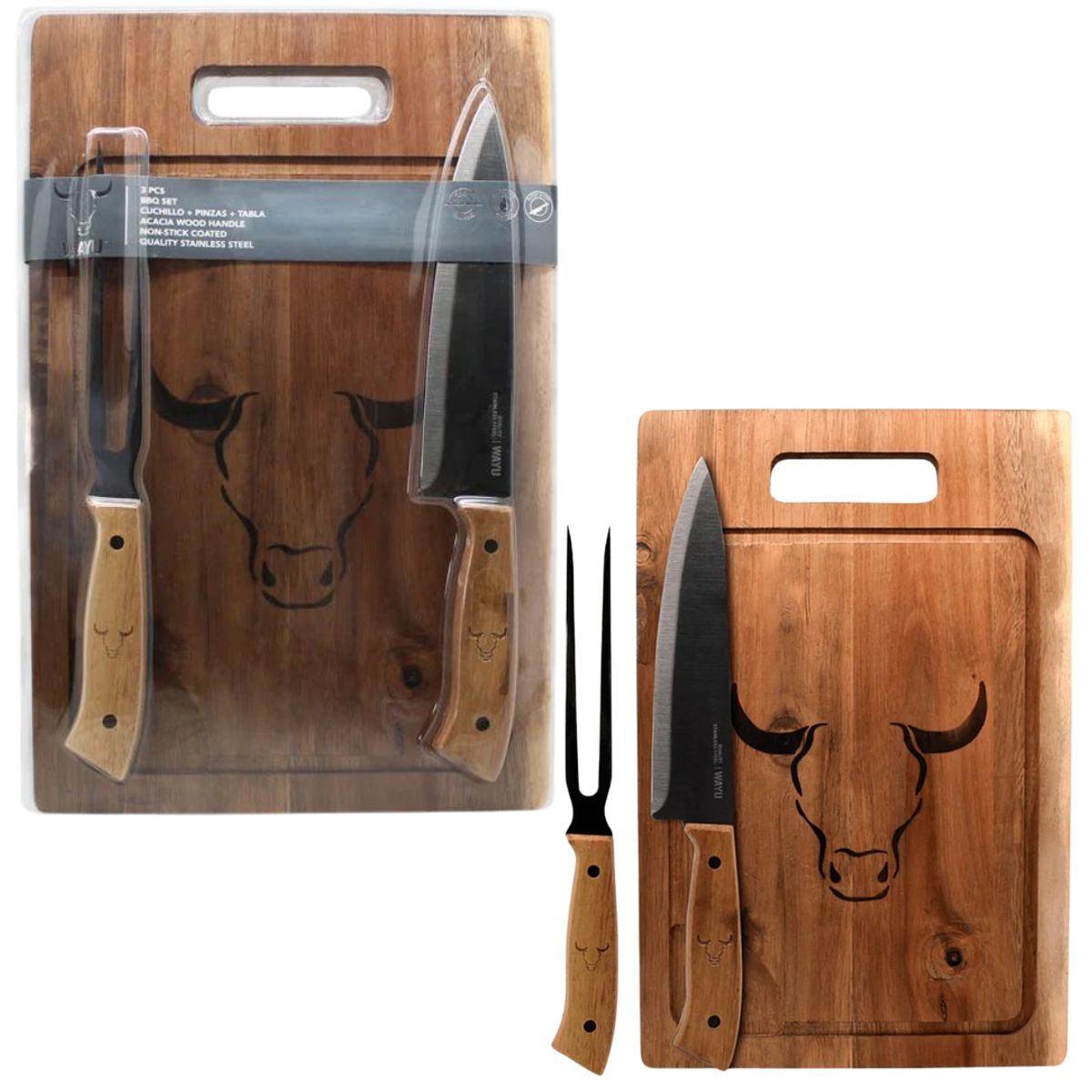 WAYU - Set Parrillero Tabla + Cuchillo Y Pincho Wayu Asado Parrilla Color Café