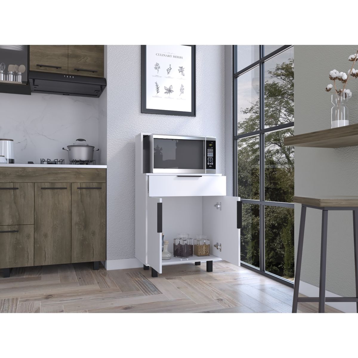 FMFURNITURE - Mueble Microondas 2 Puertas 1 Cajon Blanco 180x66x40 cm