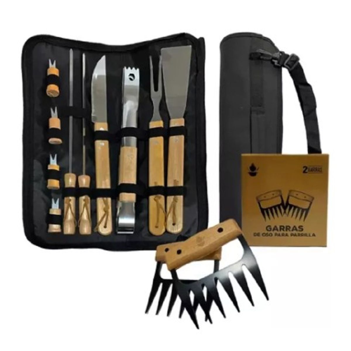 GENERICO - Pack Set Asado Parrilla 10 Uds + 2 Garras Inox