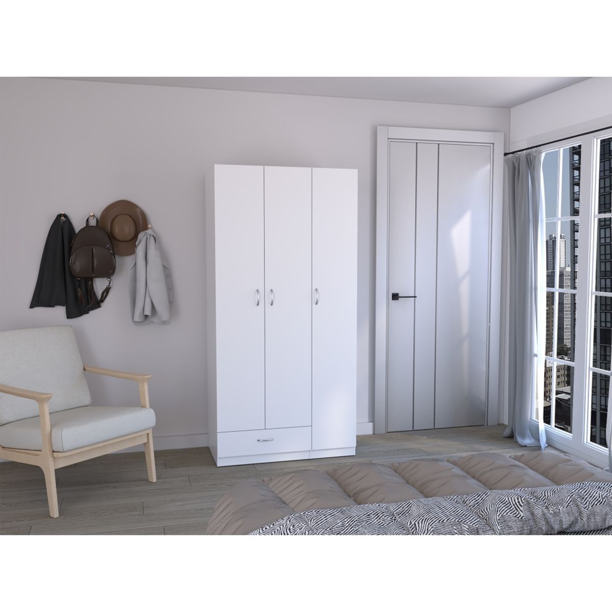FMFURNITURE - Closet 3 Puertas 1 Cajón - Blanco 184.6x90x47.3 cm