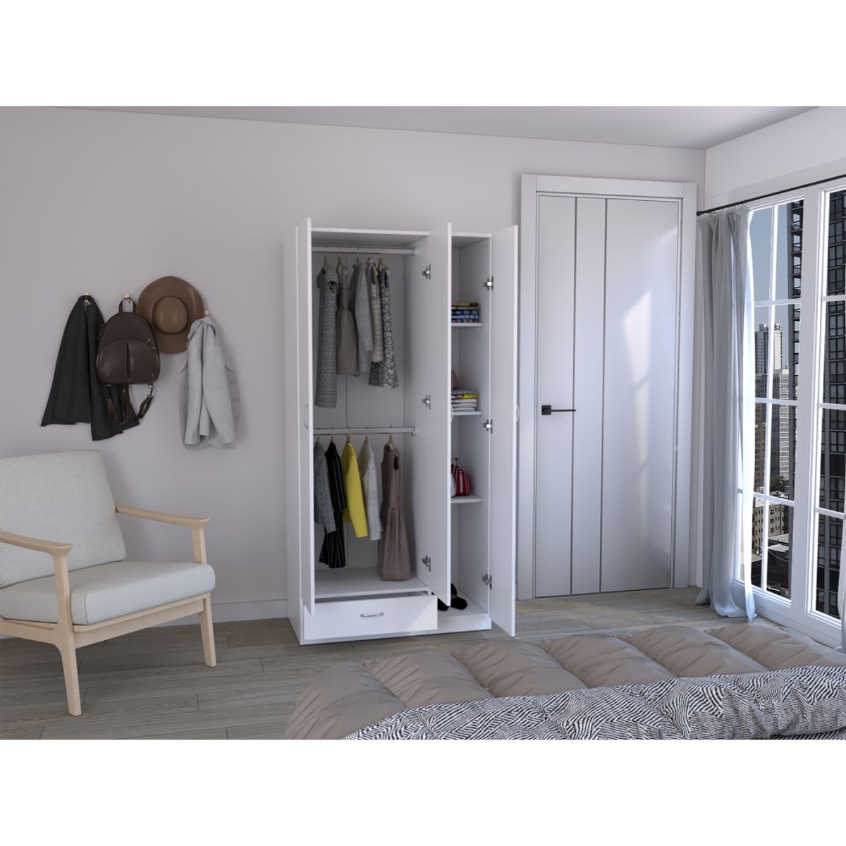 FMFURNITURE - Closet 3 Puertas 1 Cajón - Blanco 184.6x90x47.3 cm