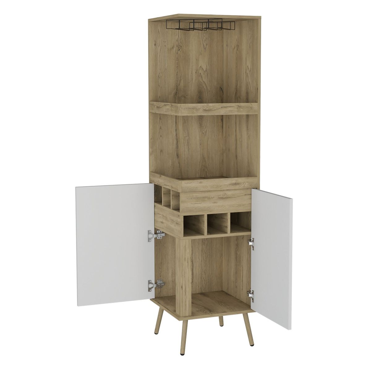 FMFURNITURE - Bar Esquinero 6 Botelleros Y 2 Puertas Fm-012C Café Claro Y Blanco