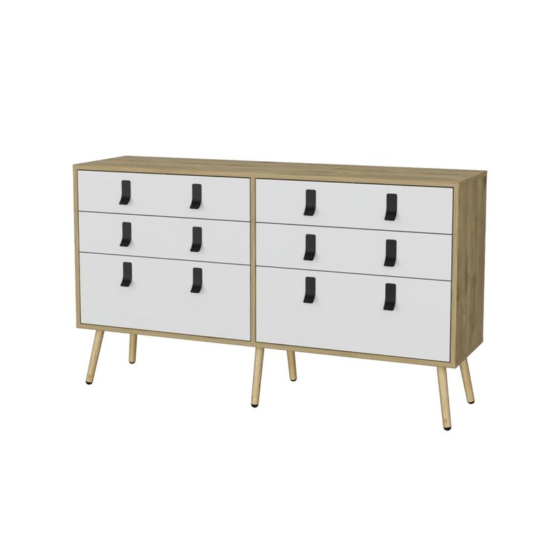 FMFURNITURE - Comoda Doble 6 Cajones Café Claro y Blanco 75x130x35 cm.