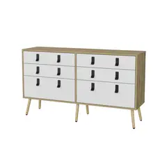 FMFURNITURE - Comoda Doble 6 Cajones Café Claro y Blanco 75x130x35 cm