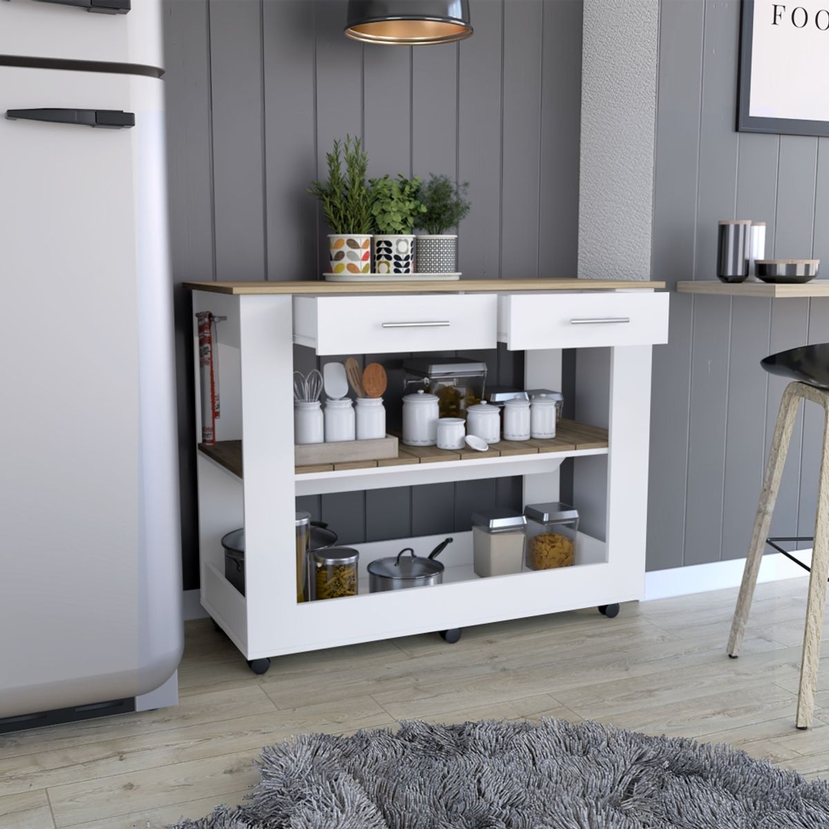 FMFURNITURE - Isla De Cocina 2 Cajones Blanco 160.7x70x36.3 cm