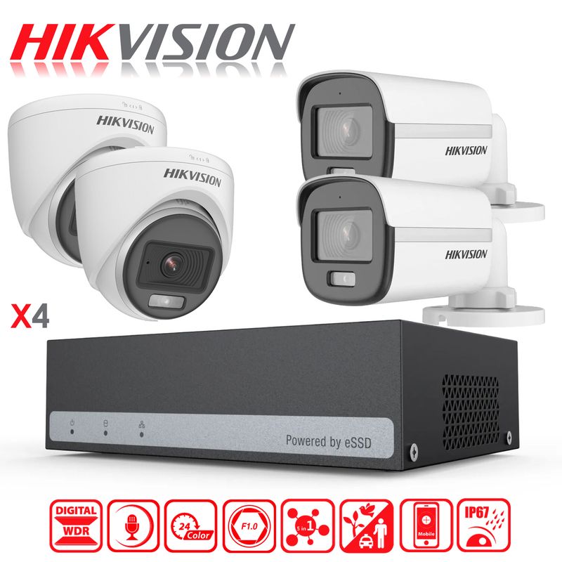 HIKVISION - Kit Camaras de Seguridad + DVR 4CH ColorVu Hikvision 300GB
