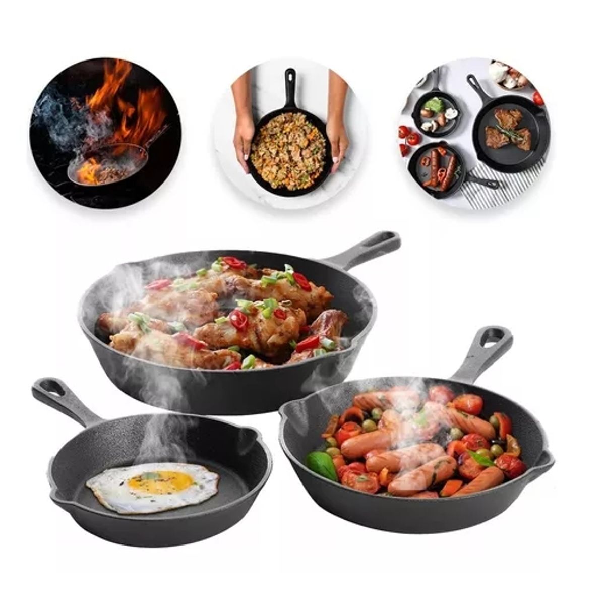 GENERICO - Sarten Hierro Fundido Sartene Antiadherente Juego De 3piezas