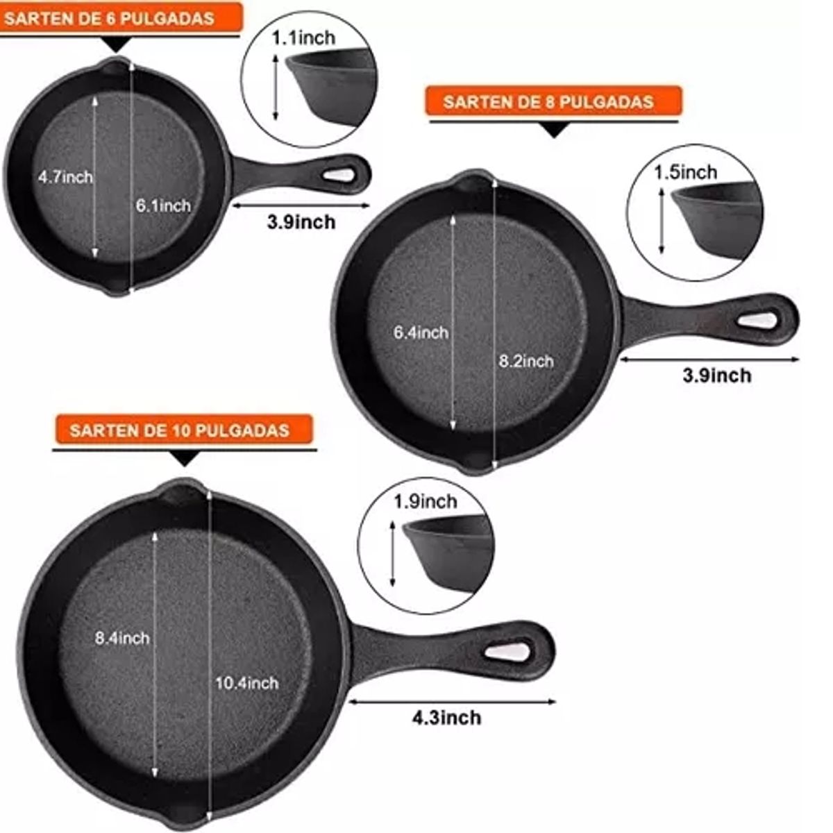 GENERICO - Sarten Hierro Fundido Sartene Antiadherente Juego De 3piezas