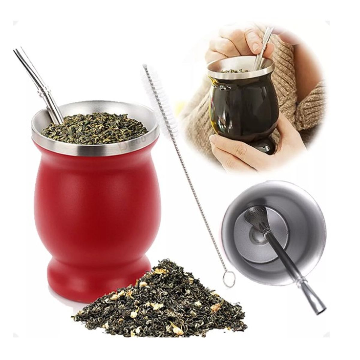 GENERICO - Taza De Con Bombilla Y Cepillos Set Acero Inoxidable 230ml Rojo