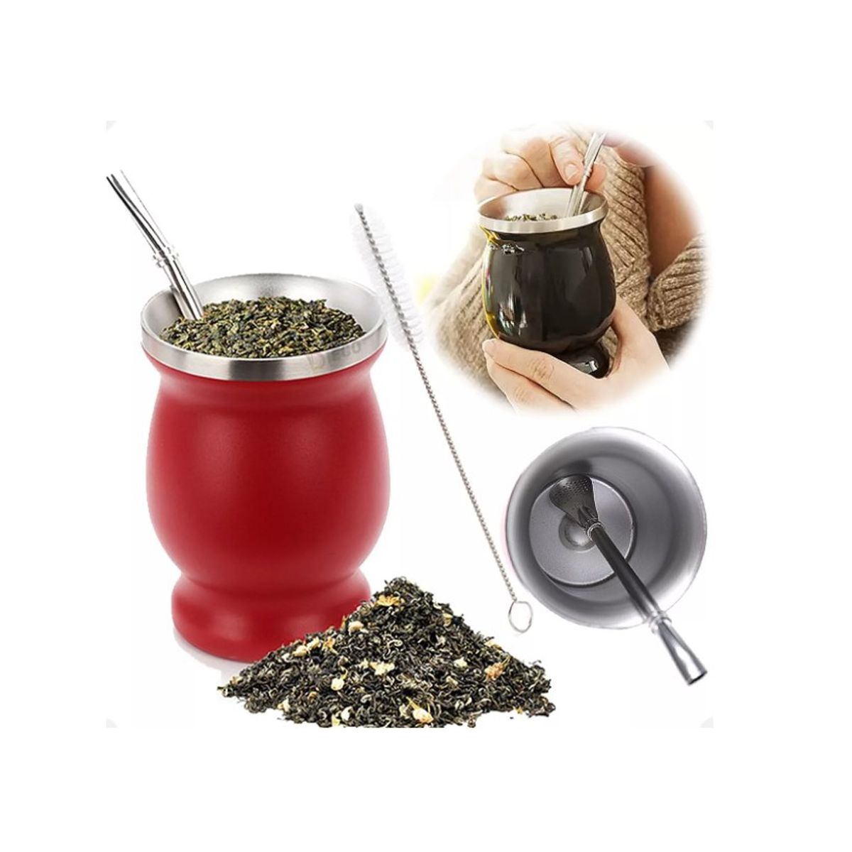 GENERICO - Taza De Con Bombilla Y Cepillos Set Acero Inoxidable 230ml Rojo