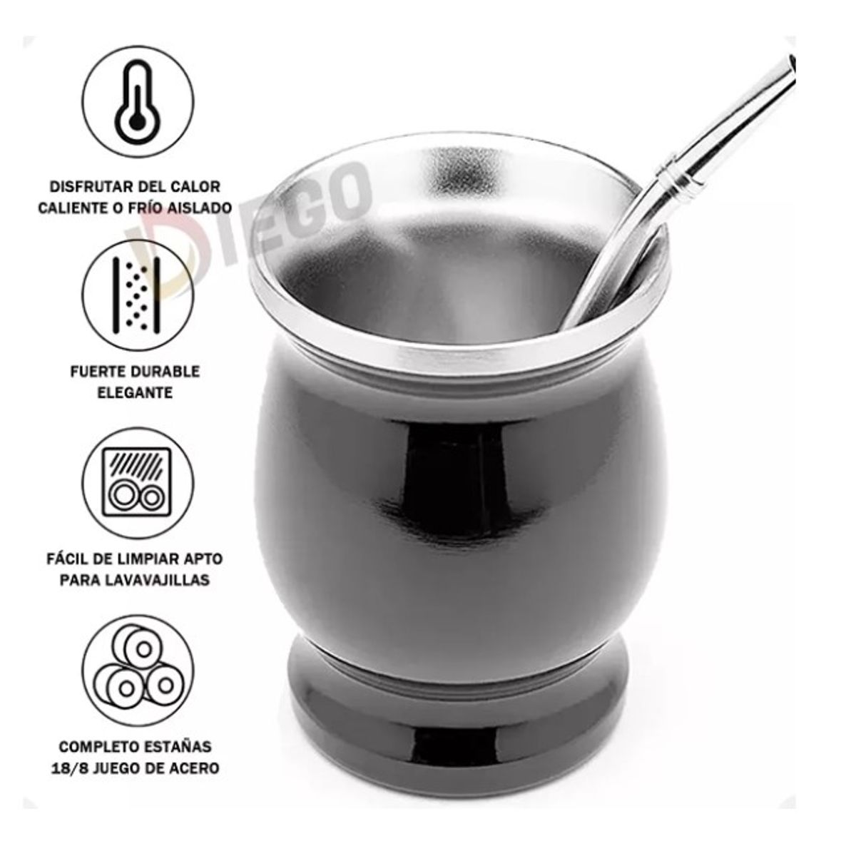 GENERICO - Taza De Con Bombilla Y Cepillos Set Acero Inoxidable 230ml Negro