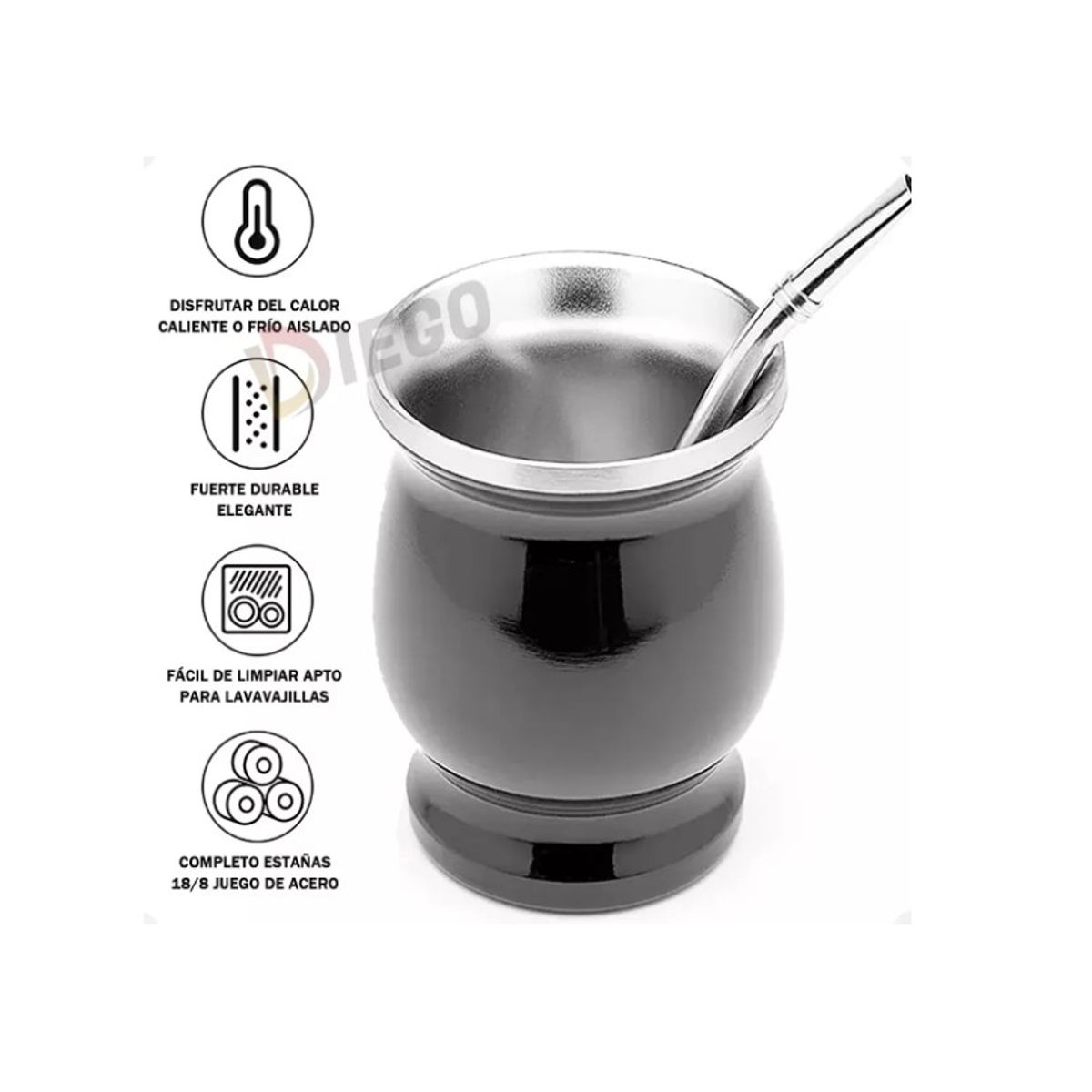 GENERICO - Taza De Con Bombilla Y Cepillos Set Acero Inoxidable 230ml Negro