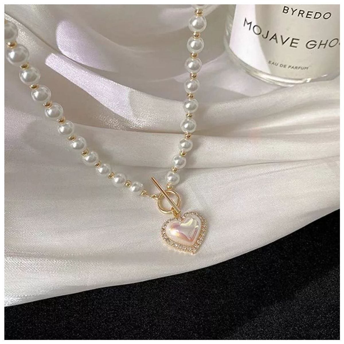 KUANGYE - Collar De Perlas Con Corazón Mujer Blanco Moda