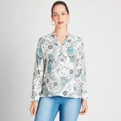 CURVI - Blusa Manga Larga Cuello Mao Estampada Azul Petróleo