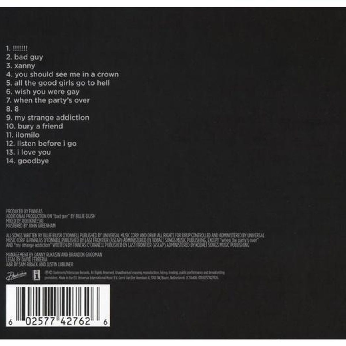 HITWAY MUSIC - BILLIE EILISH-WHEN WE ALL FALL ASLEEP WHERE DO WE GO - CD